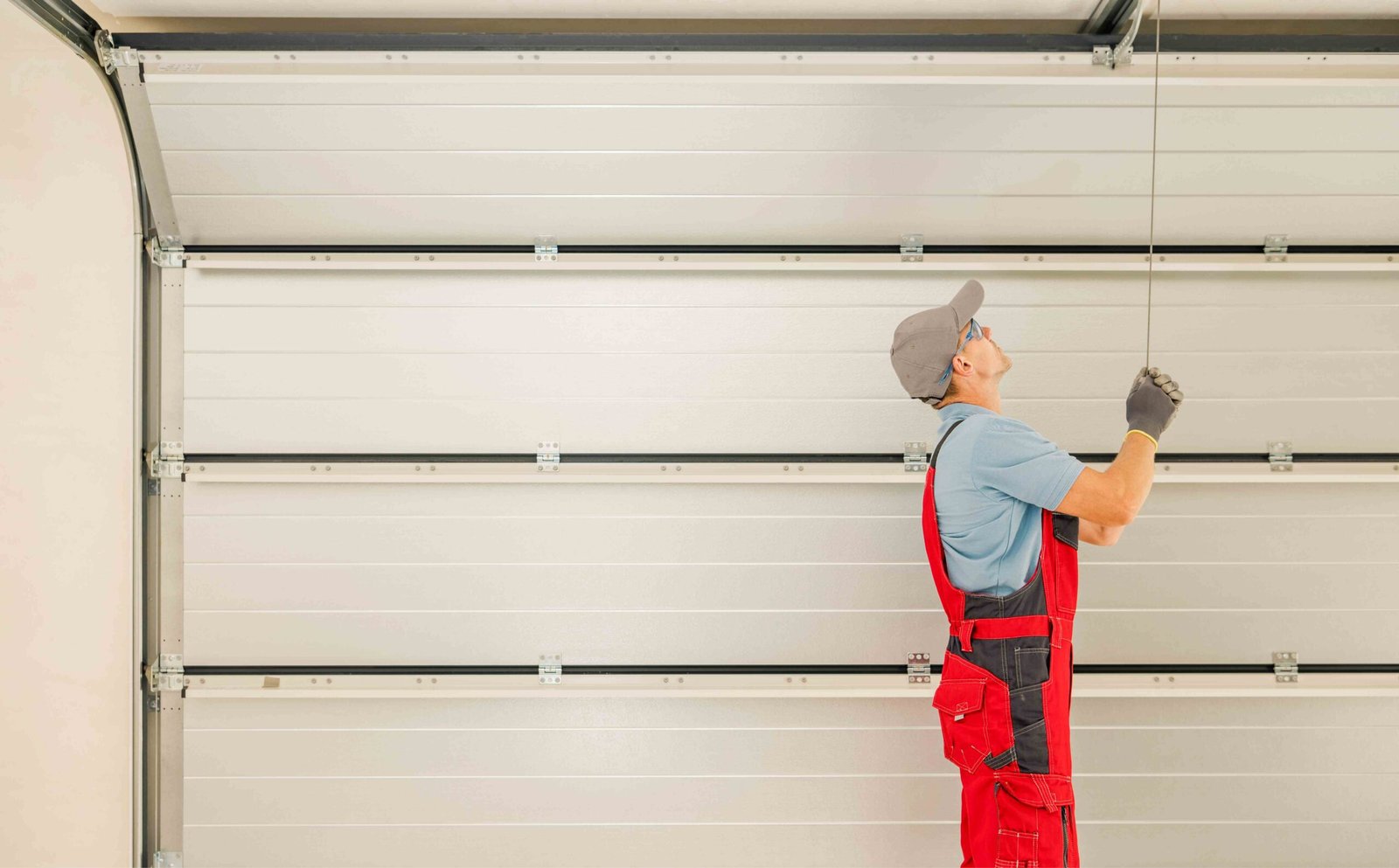 Technician performing garage door replacement adjustments at a Fort Worth - TX home with alignment tools